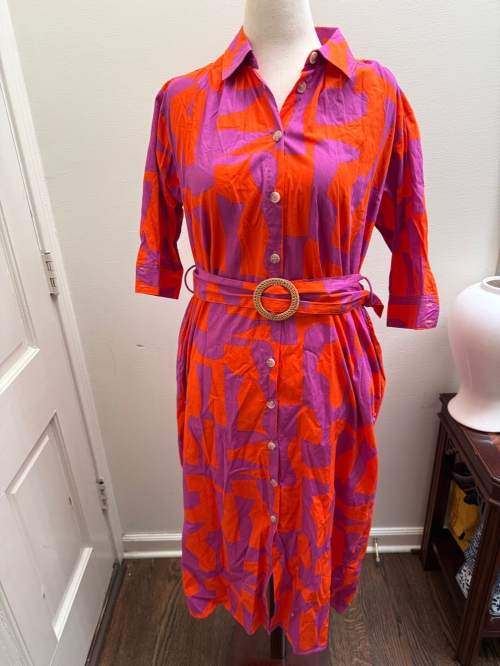 NWT Karlie Orange and Purple Button-Front Midi Shirt Dress with Belt
